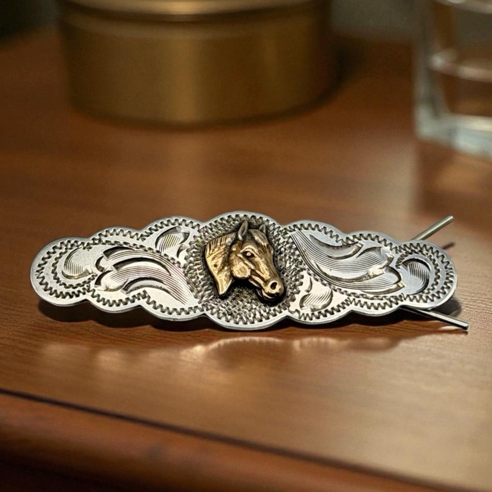 Vintage Diablo Sterling Silver & Brass Horse  Hair Clip Barrette Hand Carved 2”